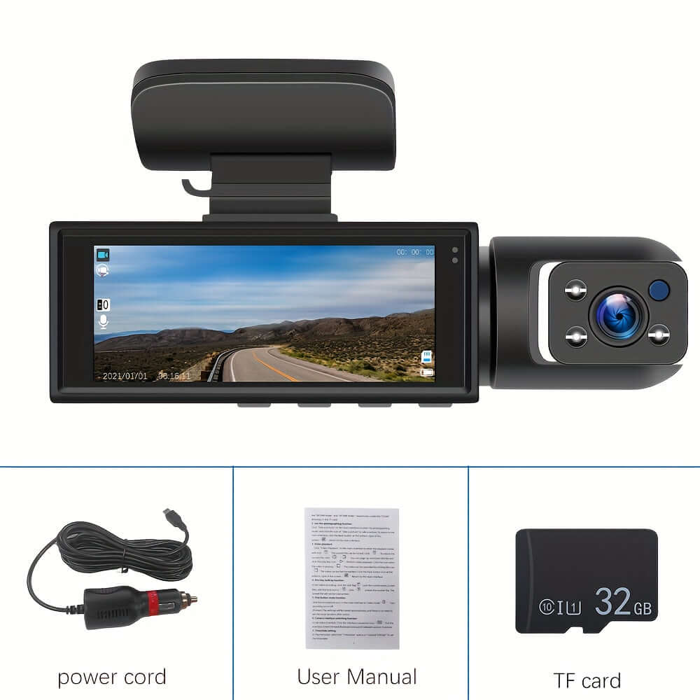 dual camera dash cam with user manual, power cord, and TF card displayed on a highway background.