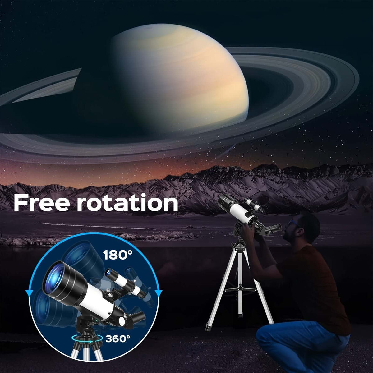 Explore the universe with the portable 150X telescope with tripod and free rotation feature.