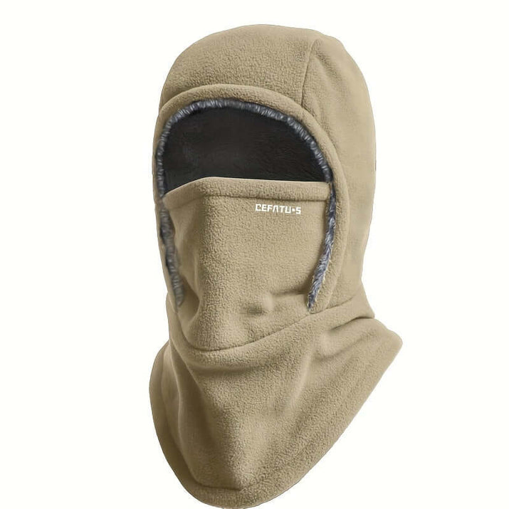 Winter balaclava for outdoor sports in tan fleece material with face coverage for warmth.