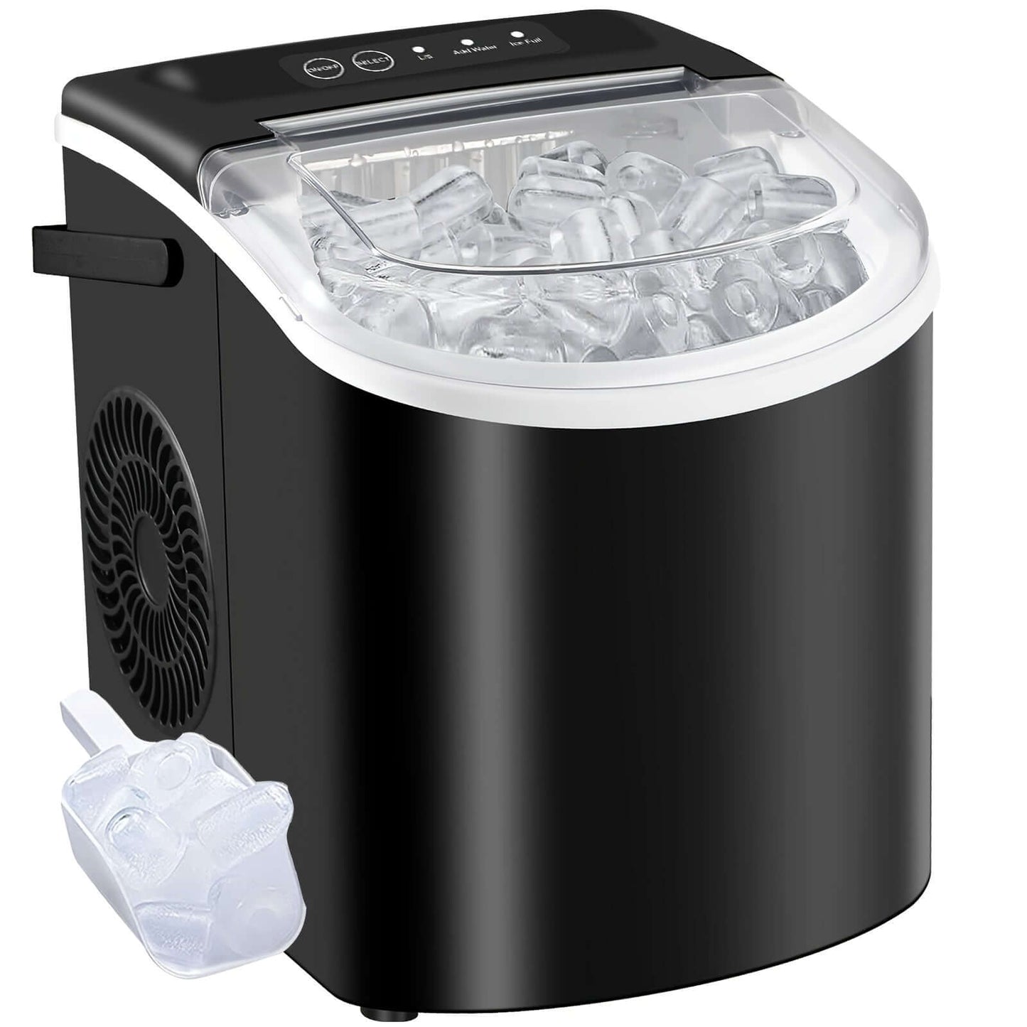 Portable ice maker with handle, black design, filled with ice cubes, perfect for outdoor events or home use.