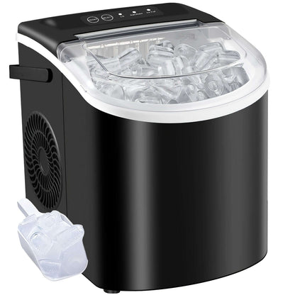 Portable ice maker with handle, black design, filled with ice cubes, perfect for outdoor events or home use.
