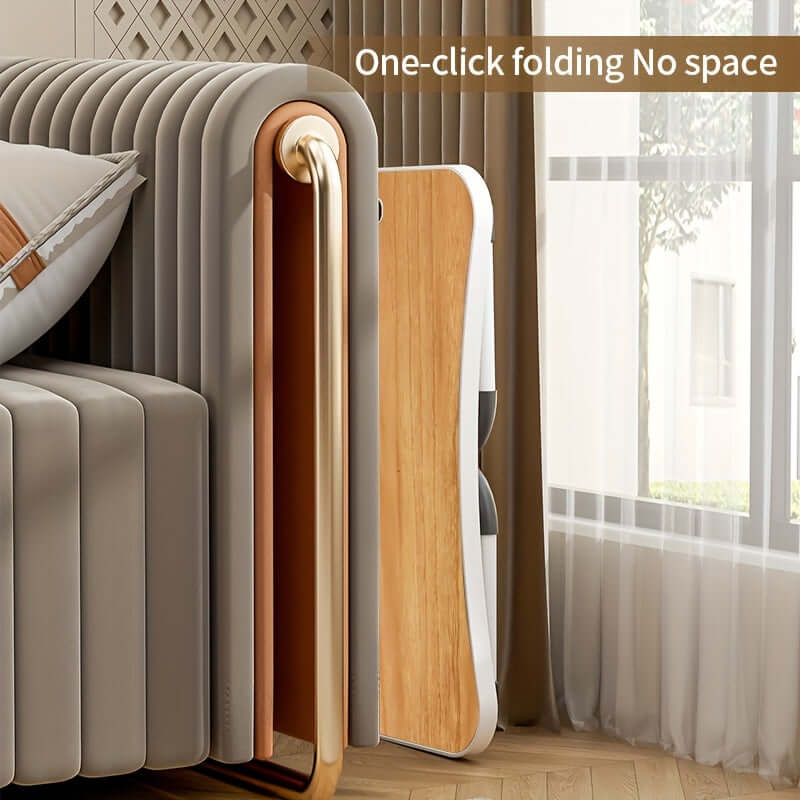 Portable laptop bed table with one-click folding design, space-saving feature for easy storage and convenience.