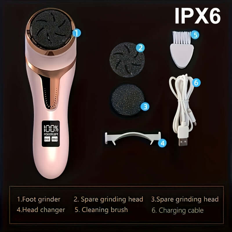 Electric foot callus remover kit including foot grinder, spare heads, cleaning brush, and charging cable.