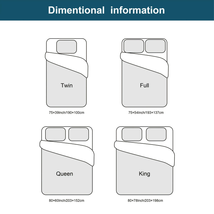 Dimensional information for bedding sizes: Twin, Full, Queen, and King bed measurements.
