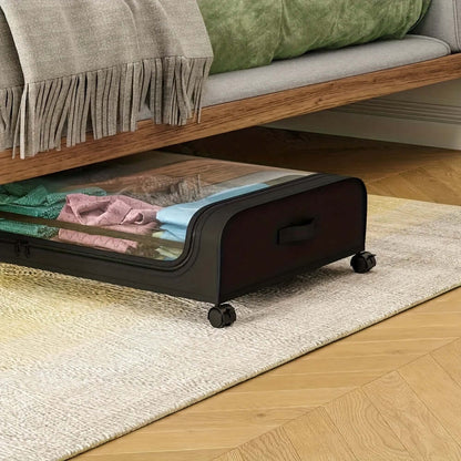 underbed storage bins with wheels displaying colorful clothing under a bed on a stylish rug.