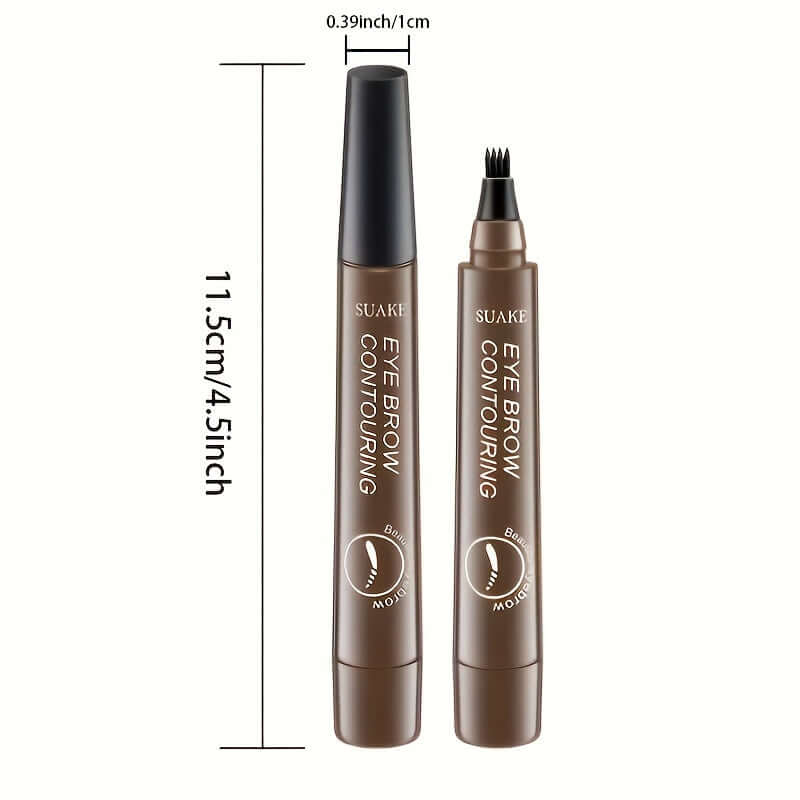 Waterproof eyebrow pen shown in two shades with detailed measurement for precise application.