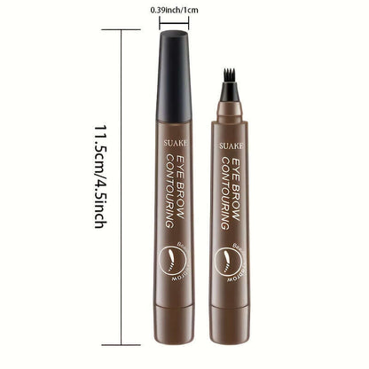 Waterproof eyebrow pen shown in two shades with detailed measurement for precise application.