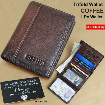 RFID leather wallet for men displayed with credit cards and notes, featuring RFID blocking technology.