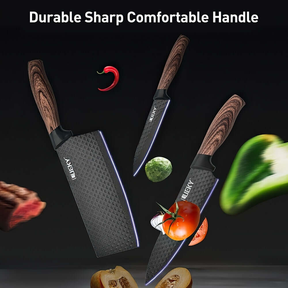 Professional kitchen knife set featuring durable, sharp knives with comfortable handles for effortless cutting.