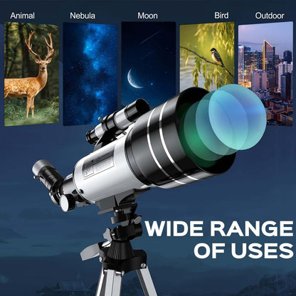 Portable 150X telescope with tripod showcasing a wide range of uses for star gazing and nature observation.