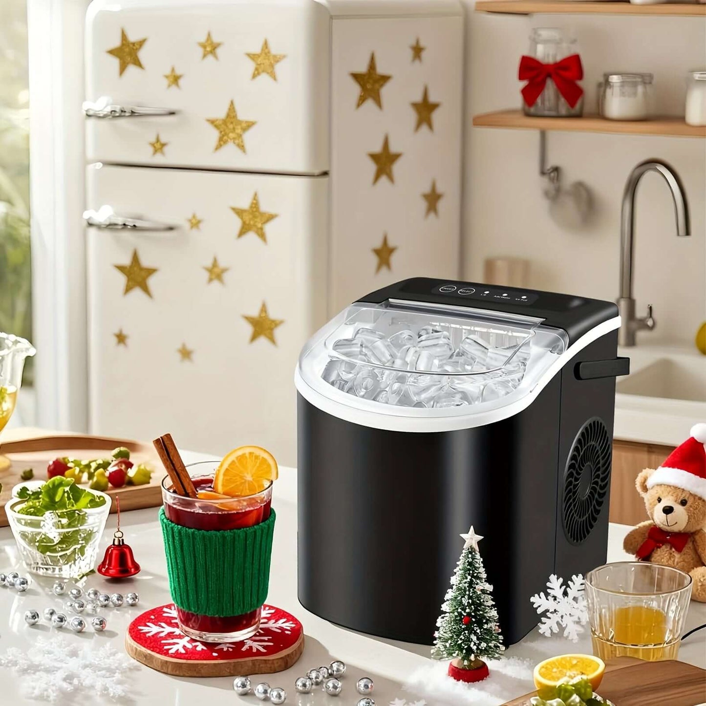 Portable ice maker with handle on a festive table with drinks and decorations.