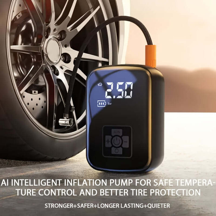Portable tire inflator with digital display for easy tire inflation and monitoring.
