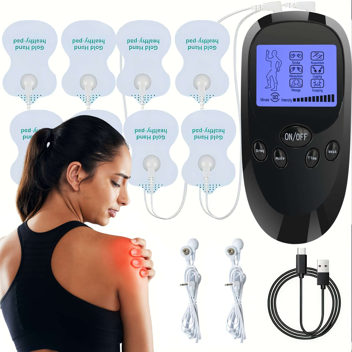 CESLIFF TENS EMS muscle stimulator with pads and display used for shoulder pain relief