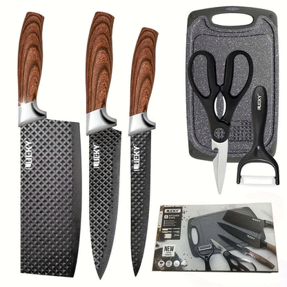 Professional kitchen knife set featuring three knives, kitchen shears, and a cutting board.