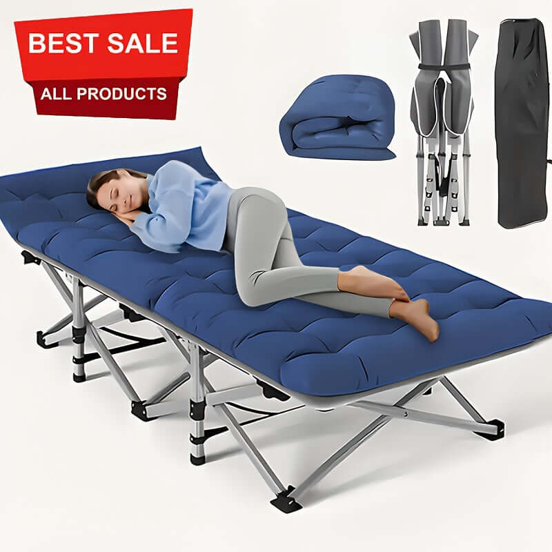 A woman comfortably sleeping on a portable folding guest bed, showcasing its ease of use and comfort.
