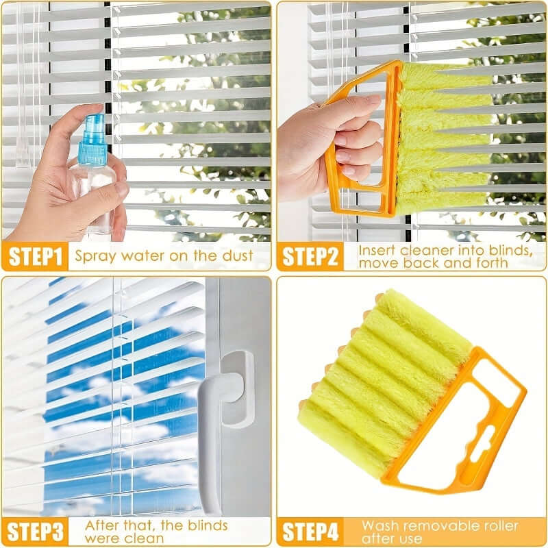 Washable window cleaning brush instructions showing steps to clean blinds effectively.