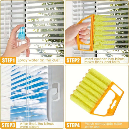 Washable window cleaning brush instructions showing steps to clean blinds effectively.