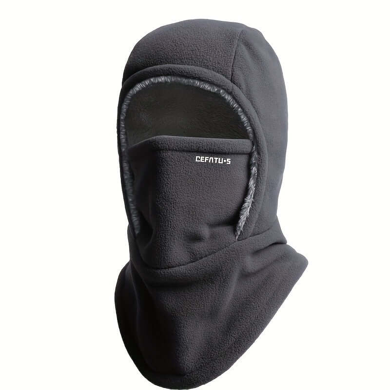 Winter balaclava for outdoor sports in warm grey fleece material covering face and neck