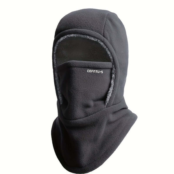 Winter balaclava for outdoor sports in warm grey fleece material covering face and neck