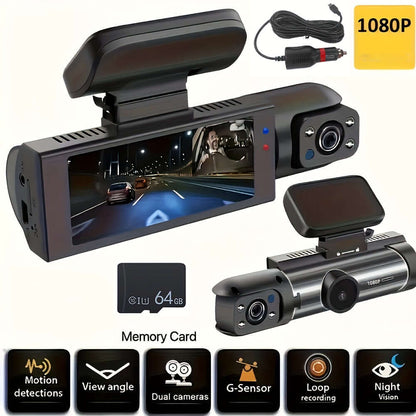 Dual camera dash cam with 1080P resolution, night vision, and features like motion detection and loop recording.
