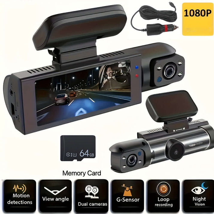 Dual camera dash cam with 1080P resolution, night vision, and features like motion detection and loop recording.