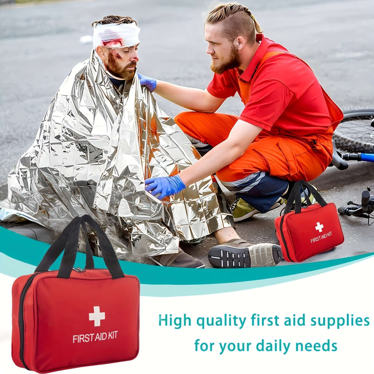 Portable first aid kit for outdoor activities with a rescuer attending to an injured person.