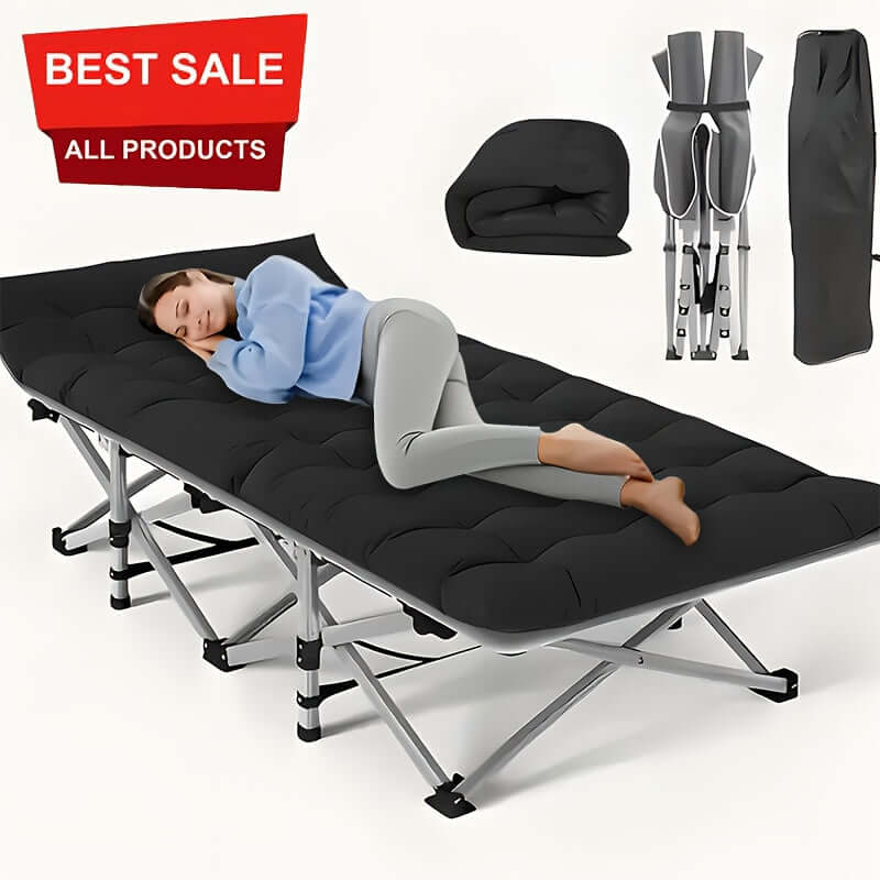 Woman sleeping on a portable folding guest bed showcasing its comfort and design features.