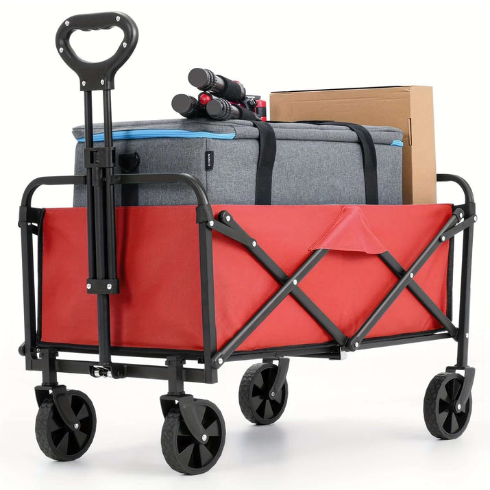 heavy duty folding cart for outdoor use with gear and boxes in a red and black design.