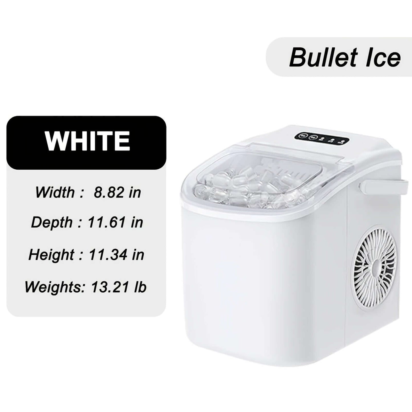 Portable ice maker with handle in white, dimensions 8.82x11.61x11.34 inches, lightweight at 13.21 lb.
