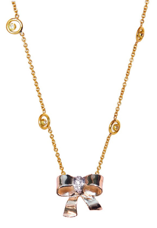 Bow Necklace-18K gold with diamonds on Karma chain with diamond dots-0