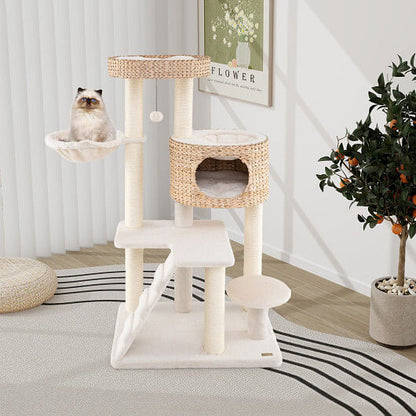 Modern Cat Tree for Indoor Cats with Cattail Fluff Condo and Top Perch-Natural-1