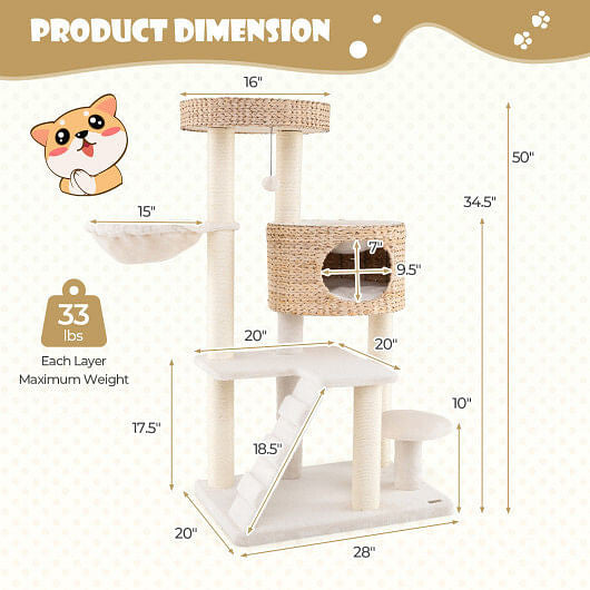 Modern Cat Tree for Indoor Cats with Cattail Fluff Condo and Top Perch-Natural-3