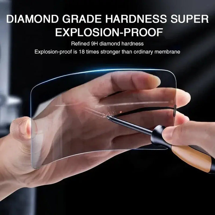 Privacy screen protector for iPhone 16 15 14 13 Pro Max demonstrating its diamond-grade hardness and explosion-proof features.