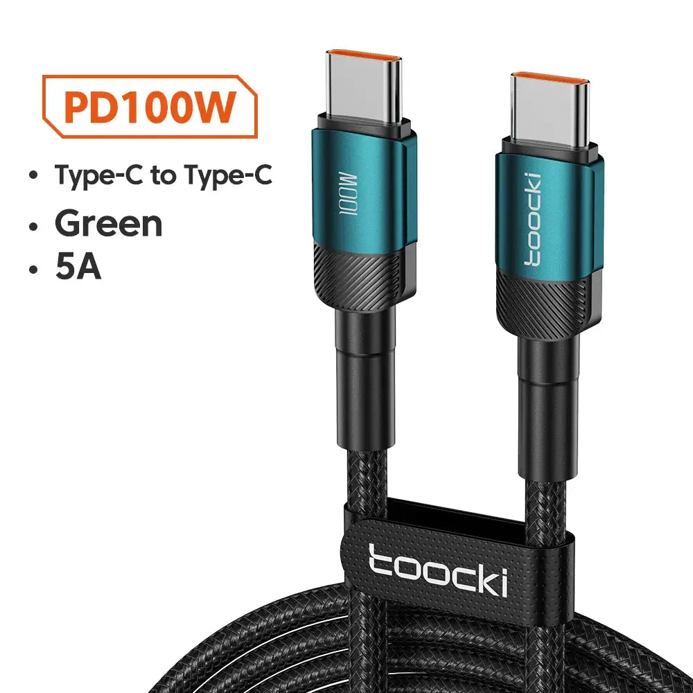 100W Type C to Type C charging cable with PD100W support, 5A current, and green design by toocki.