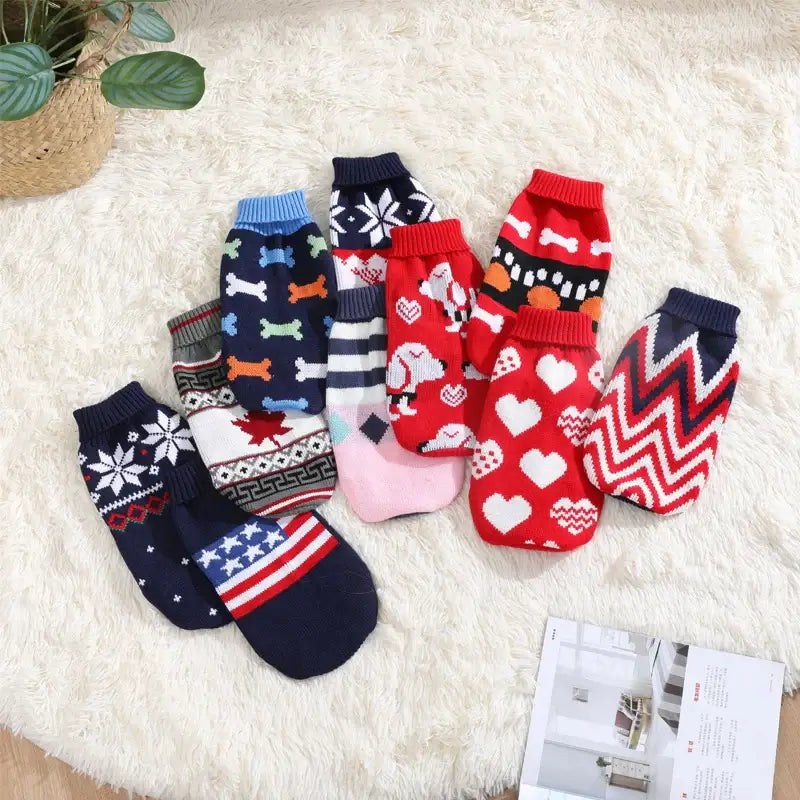 Cute cat sweater costume featuring colorful and festive patterns on cozy socks for pets.