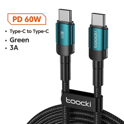 100W Type C to Type C charging cable with PD 60W, green color, fast charging up to 3A, durable design.