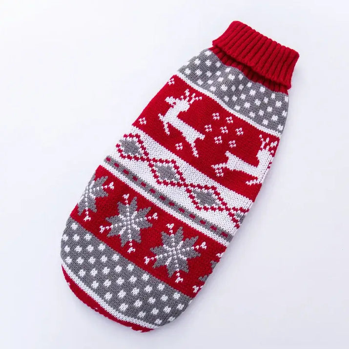 Cute cat sweater costume in festive red and grey design featuring reindeer and snowflakes.