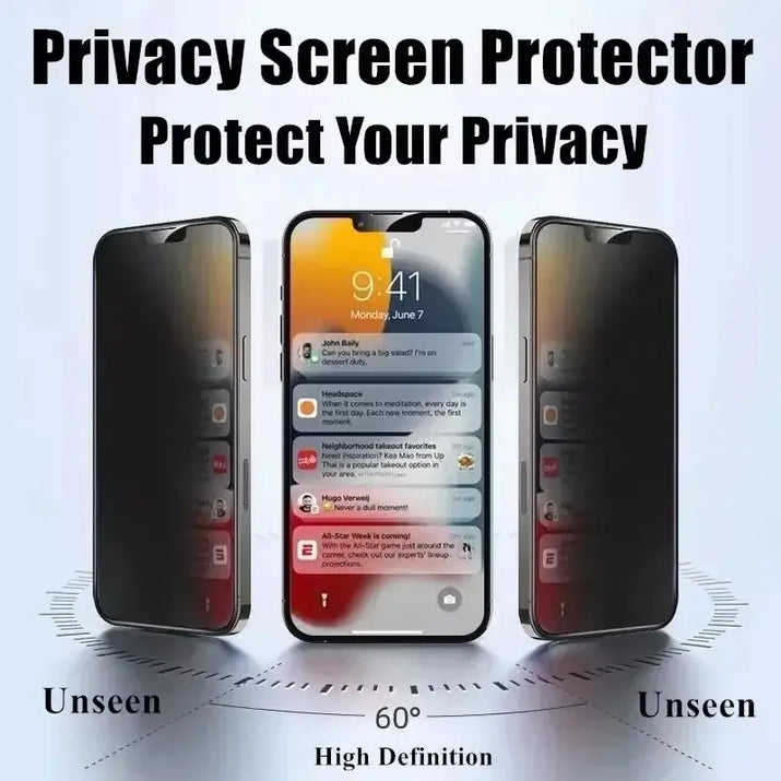 Privacy screen protector for iPhone 16 15 14 13 Pro Max showcasing high definition privacy protection.