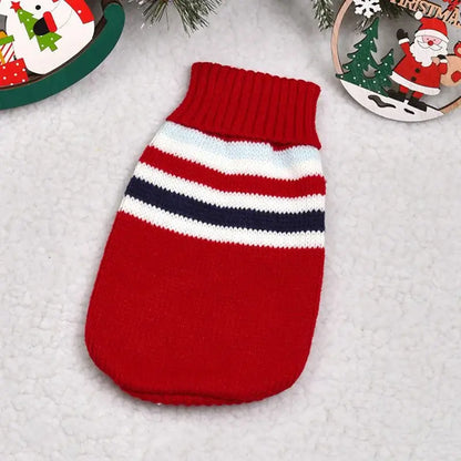 Cute cat sweater costume featuring a red knitted design with white and navy stripes, perfect for pet costumes.