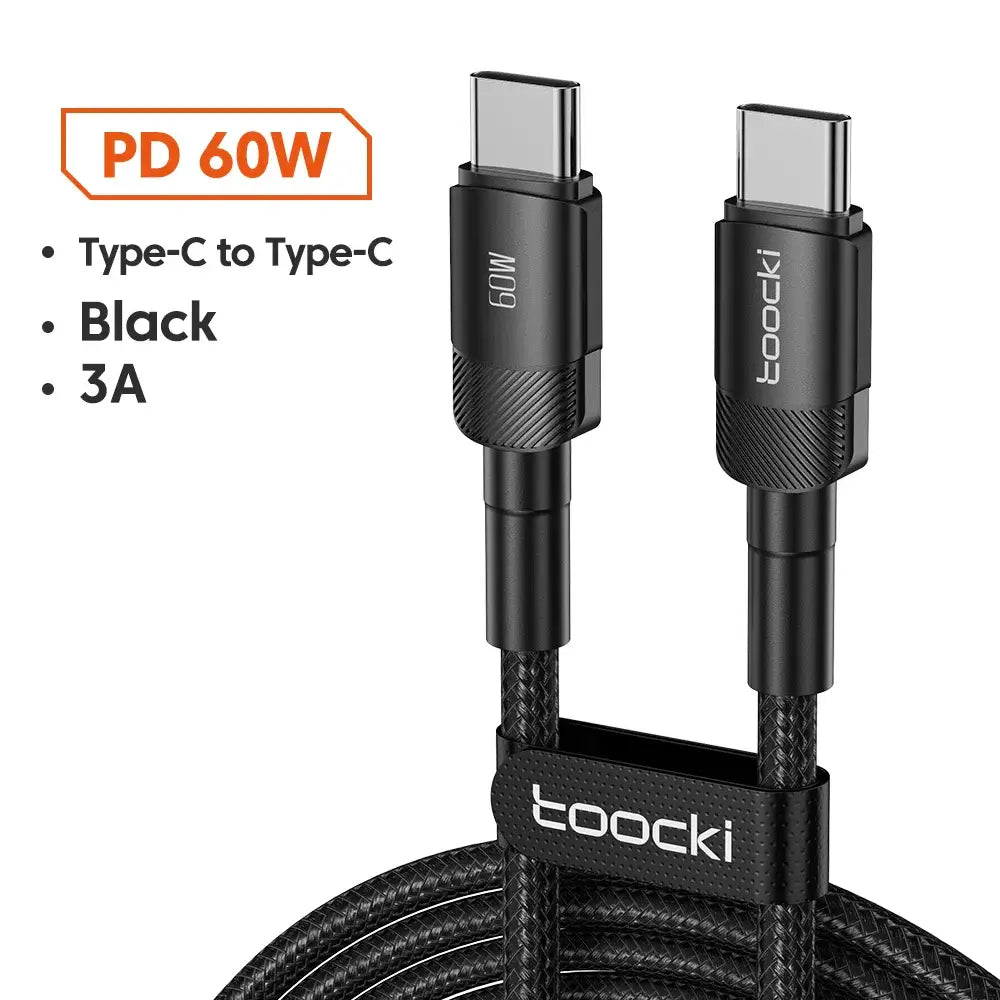 100W Type C to Type C charging cable for fast charging, durable black design with high-speed data transfer.