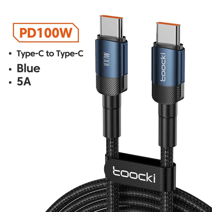 100W Type C to Type C charging cable in blue with 5A support for fast charging.