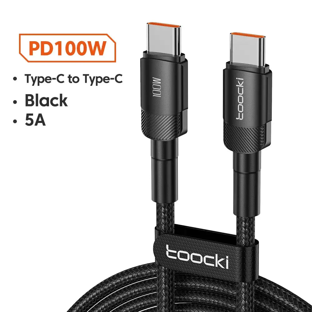 100W Type C to Type C charging cable, black, 5A, with durable design and fast charging capability.