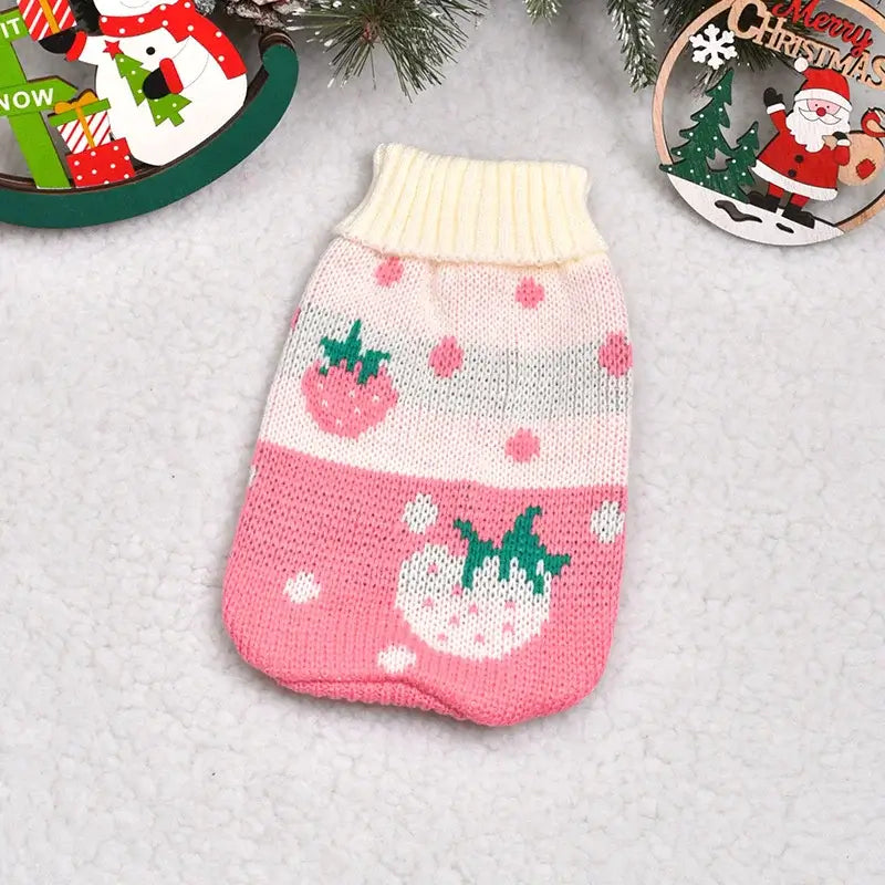 cute cat sweater costume with a pink strawberry pattern, perfect for pet holidays.