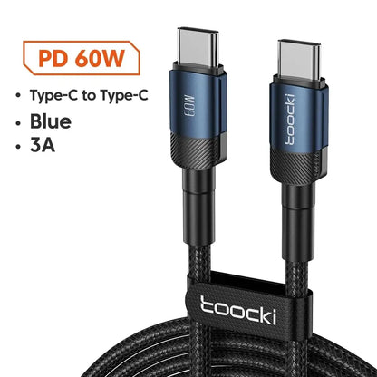 100W Type C to Type C charging cable with PD 60W, blue color, and 3A speed for fast charging.