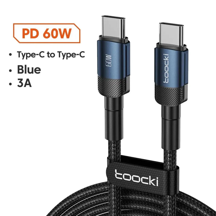 100W Type C to Type C charging cable with PD 60W, blue color, and 3A speed for fast charging.