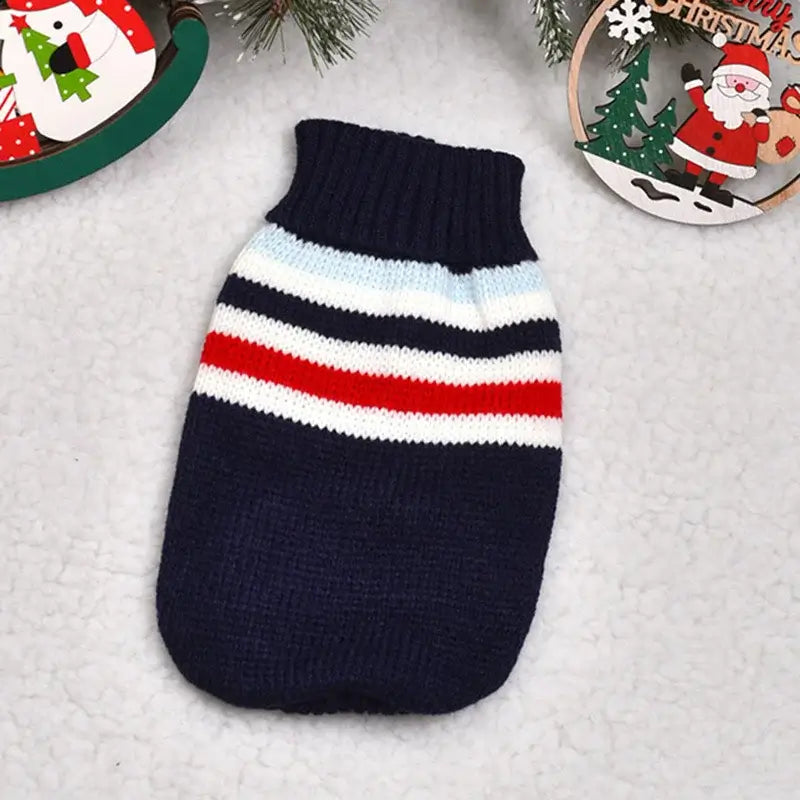 Cute cat sweater costume featuring a navy blue design with colorful stripes for your pet.
