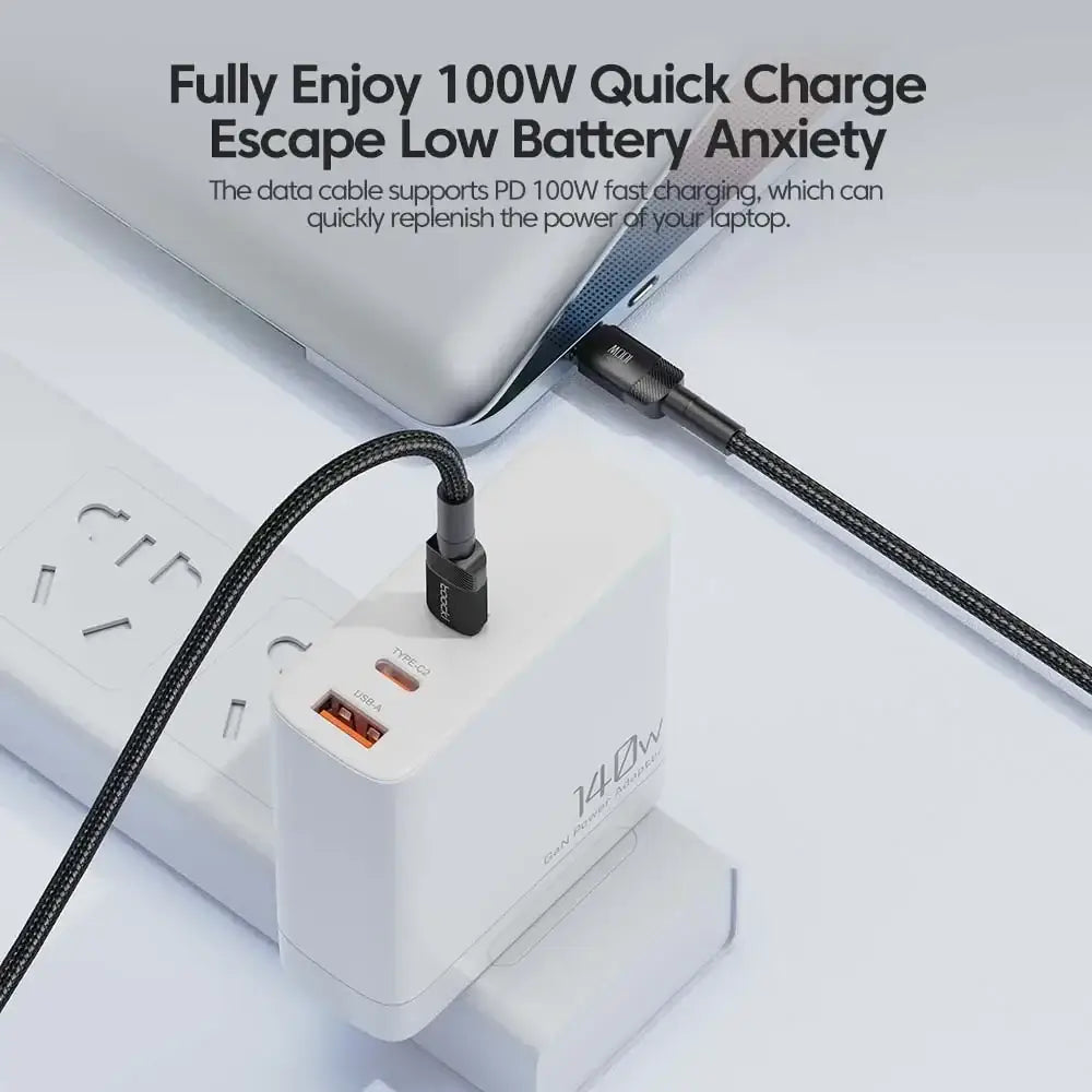 100W Type C to Type C charging cable connected to a fast charger, illustrating quick charge capabilities.