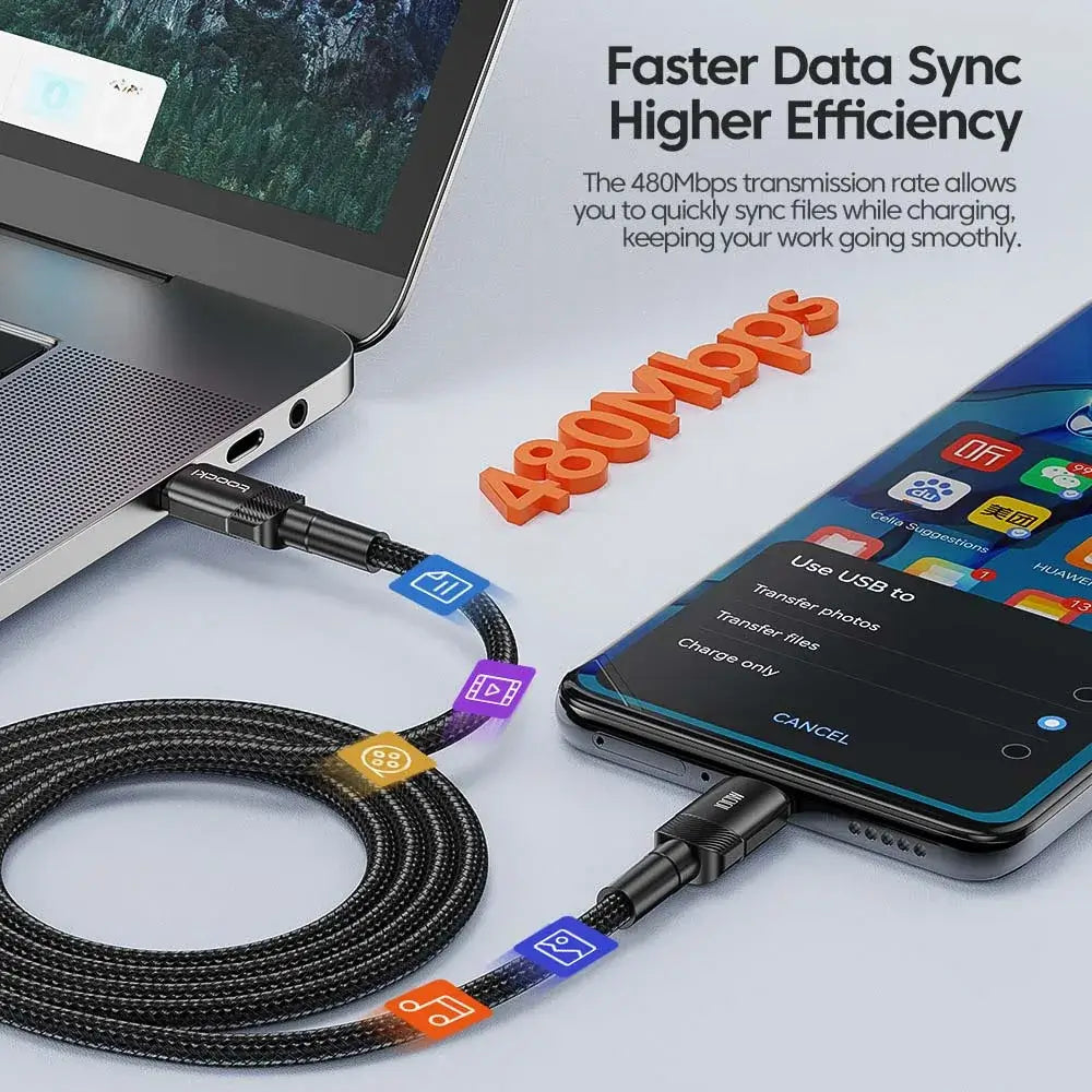 100W Type C to Type C charging cable with fast data sync and 480Mbps transmission rate for efficient charging.