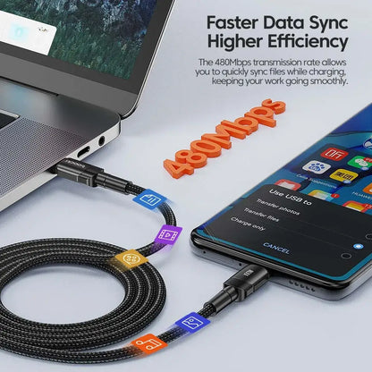 100W Type C to Type C charging cable with fast data sync and 480Mbps transmission rate for efficient charging.