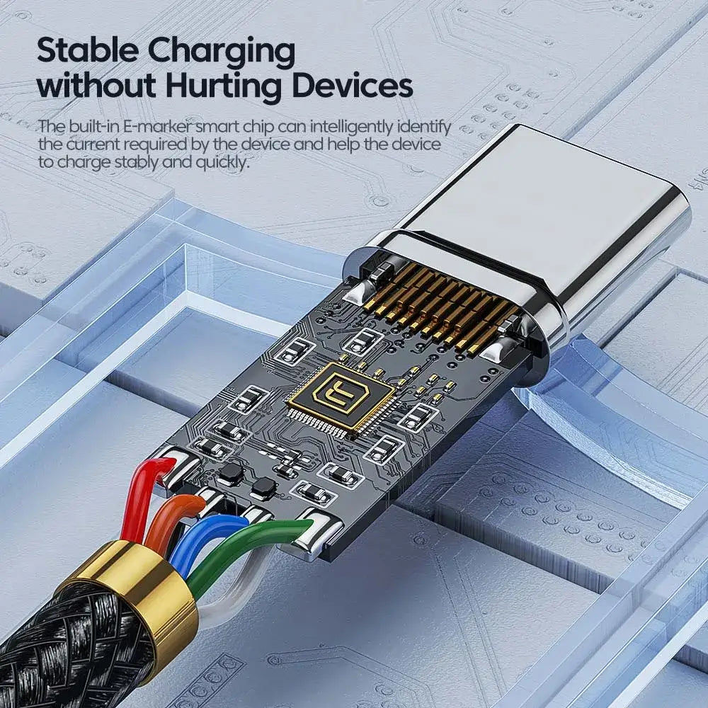 100W Type C to Type C charging cable showing E-marker smart chip for stable charging without hurting devices.